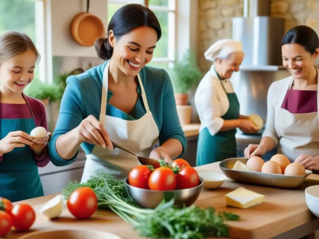 Talleres cocina francesa en familia: Escena vibrante de cocina francesa con participantes de todas las edades y orígenes preparando platos tradicionales con alegría