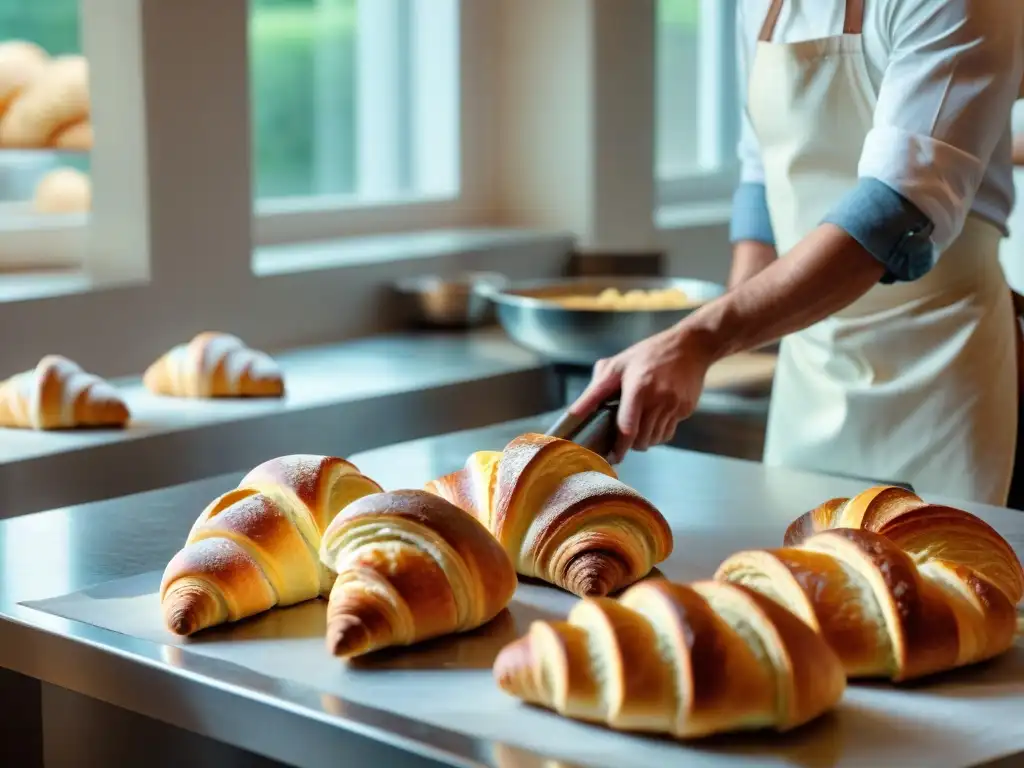 Talleres de panadería francesa: artesanos expertos creando croissants con maestría y dedicación en un ambiente cálido y auténtico