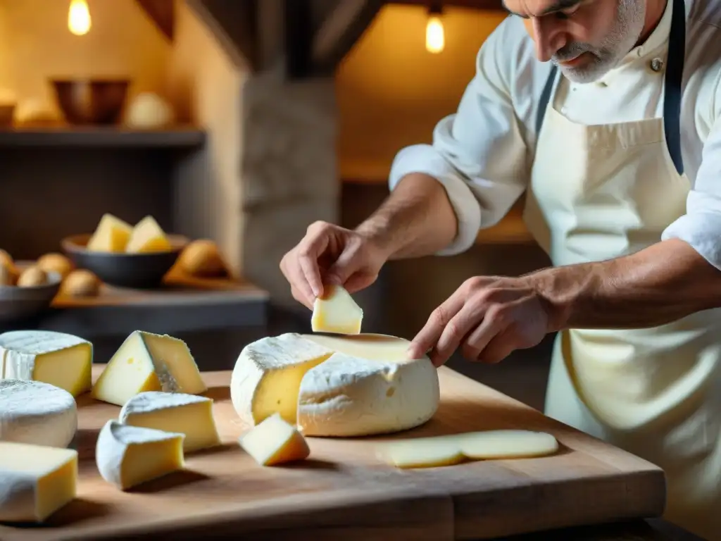 Talleres personalizados queso francés: Artesano francés moldea curds para crear queso en taller rústico iluminado