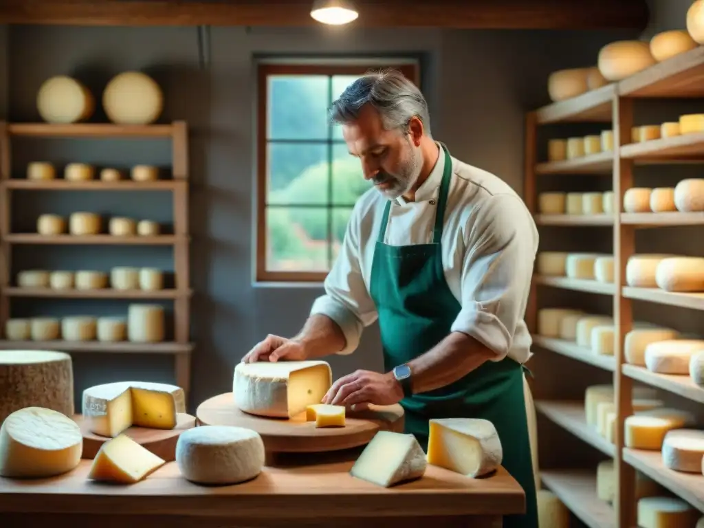 Talleres de elaboración de queso francés: Maestro quesero elaborando queso artesanal en un taller rústico iluminado por luz natural