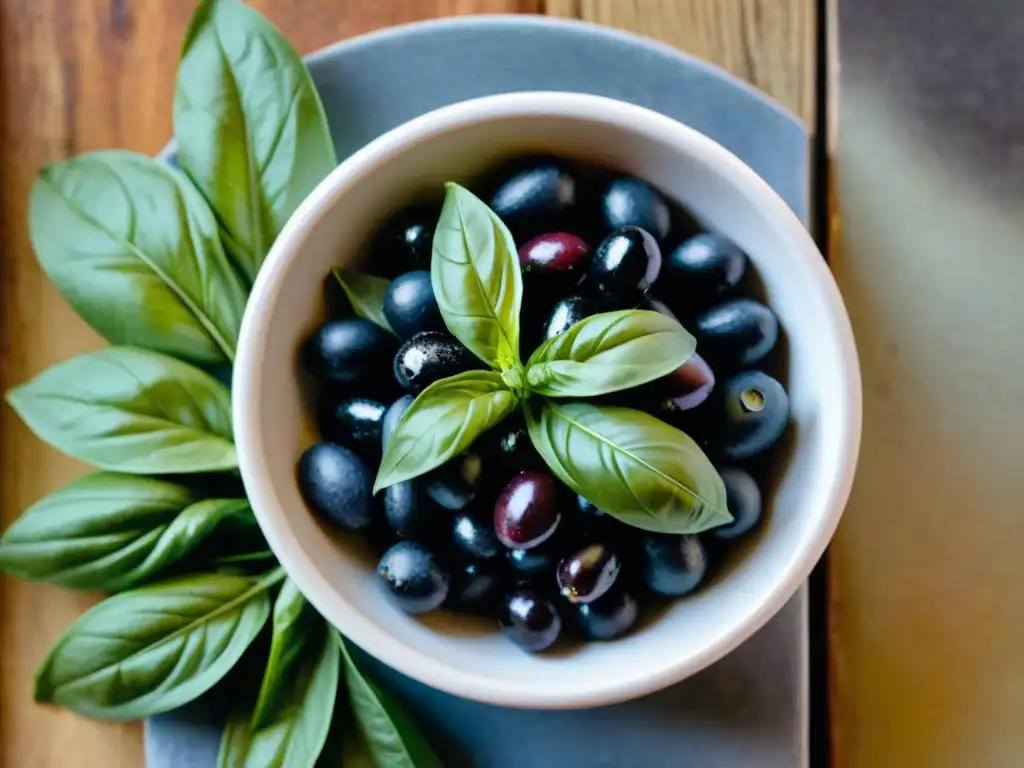 Preparando tapenade: mortero con albahaca, alcaparras, aceitunas, ajo y aceite, colores vibrantes bajo luz natural