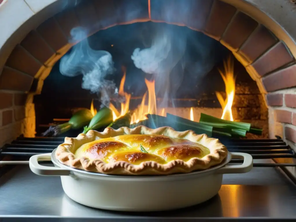 Una Tarta Flamiche de Puerros y Pescado recién horneada en una cocina rústica con utensilios antiguos y luz natural