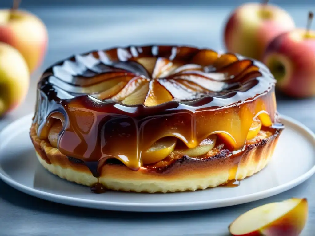 Tarta Tatin dorada recién horneada, aroma irresistible Tarte Tatin receta tradicional: Deliciosa tarta dorada con manzanas caramelizadas y masa crujiente, recién horneada