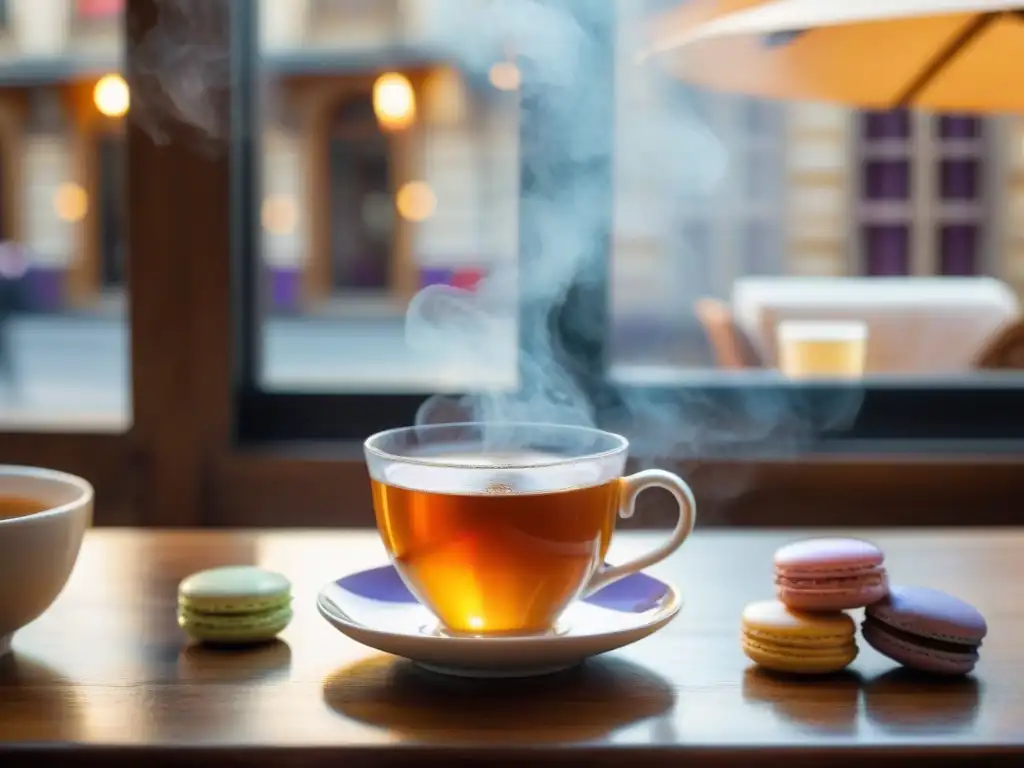 Una taza de porcelana llena de té caliente en una mesa de madera rústica en una encantadora tienda de té francesa