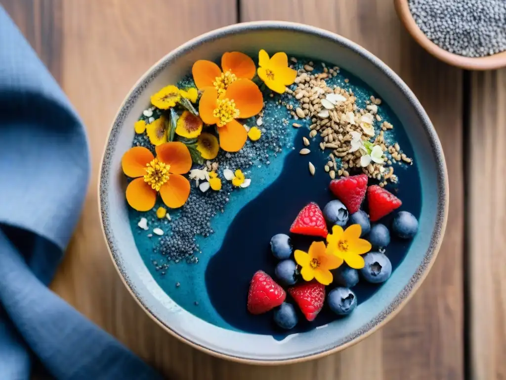 Un tazón de smoothie de espirulina azul vibrante con bayas frescas, semillas de chía y flores comestibles, sobre una mesa de madera rústica