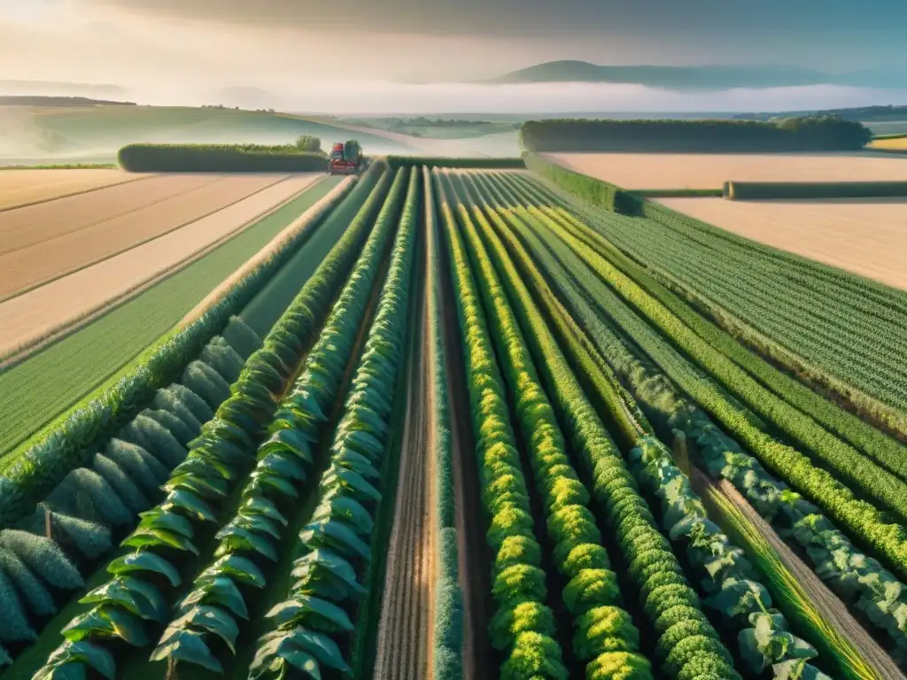 Tecnología en la agricultura francesa: escena detallada de la campiña con labriegos y avanzada maquinaria agrícola