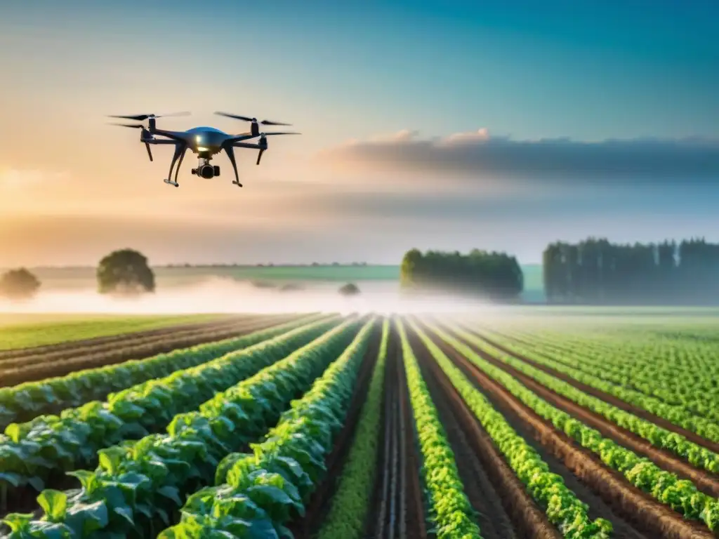 Transformación tecnológica en agricultura sostenible: Granja francesa moderna al amanecer con elementos tradicionales y de alta tecnología