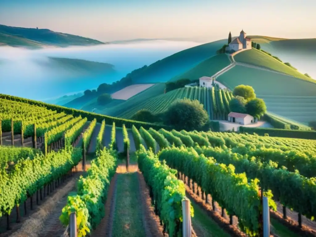 Transformación tecnológica en agricultura sostenible: Viñedo francés al amanecer, con viñedos verdes y granja de piedra entre colinas