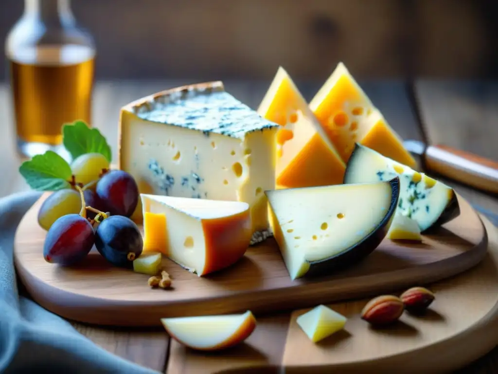 Una tentadora selección de quesos franceses para recetas caseras en una tabla rústica de madera, con acompañamientos exquisitos