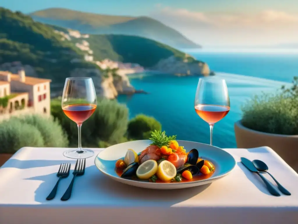 Una terraza al aire libre con vista al mar Mediterráneo, mesas elegantes y un chef preparando bouillabaisse