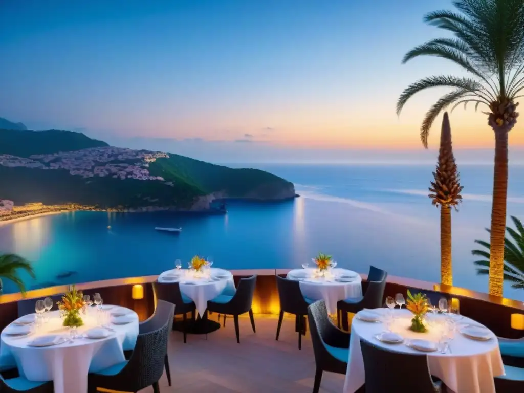 Terraza animada de restaurante Michelin en la Costa Azul con lujo gastronómico