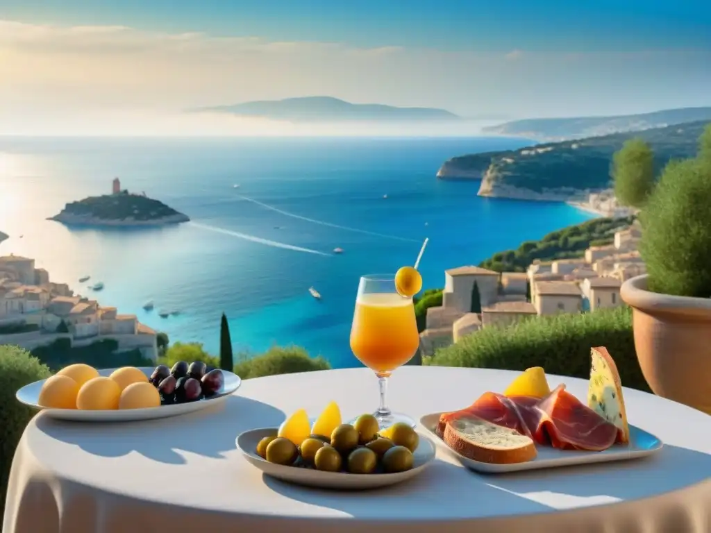 Terraza soleada con pastis y tapas mediterráneas frente al mar en el sur de Francia