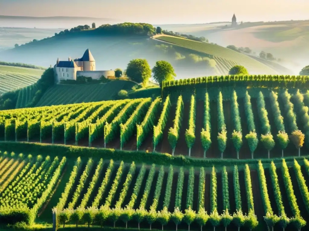 Un tesoro gastronómico francés: viñedos exuberantes en colinas de Normandía con un castillo encantador entre flores y mariposas, bañados por el sol