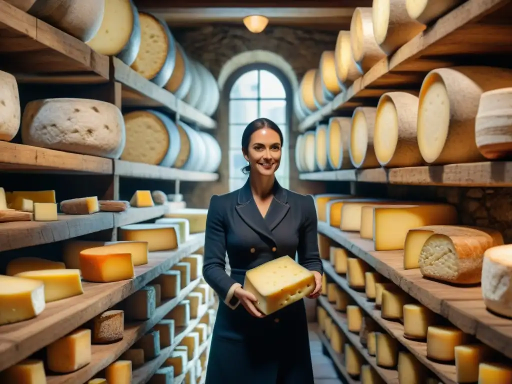 Un tesoro de tradición: bodega francesa con ruedas de queso envejecido