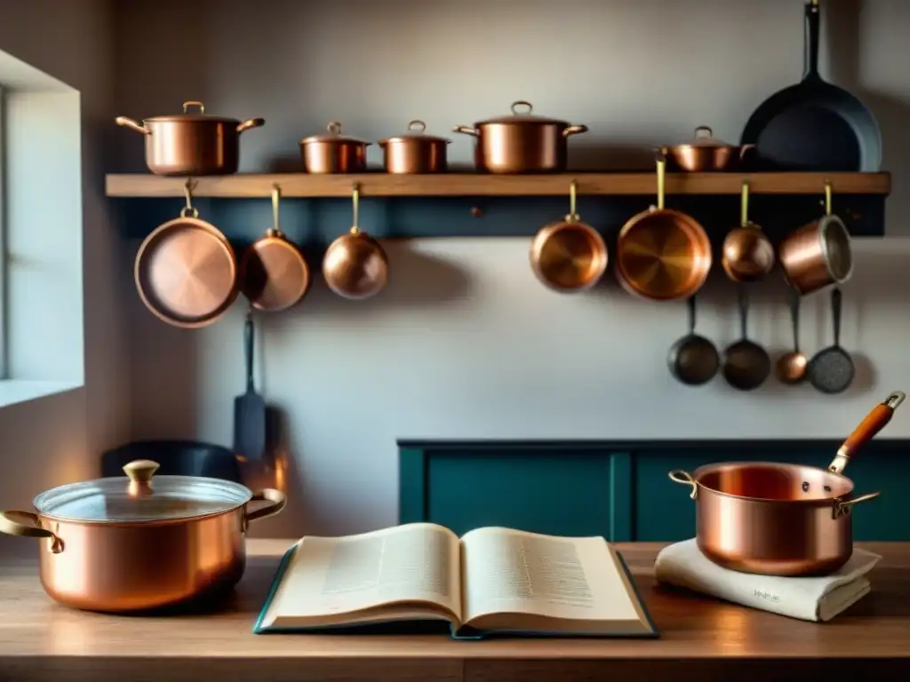 Thriller culinario: cocina francesa con sombras misteriosas y utensilios de cobre antiguos