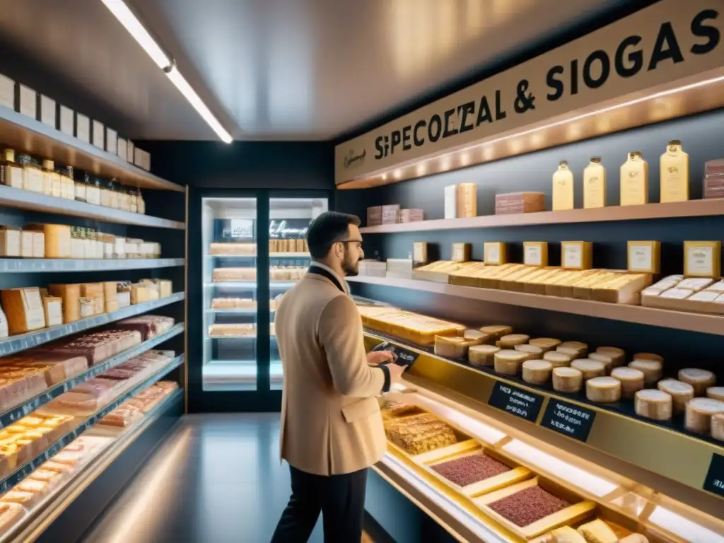 Tienda de foie gras en Francia: Experiencia gourmet Una tienda especializada en foie gras gourmet en Francia, con estantes llenos de exquisitos productos franceses