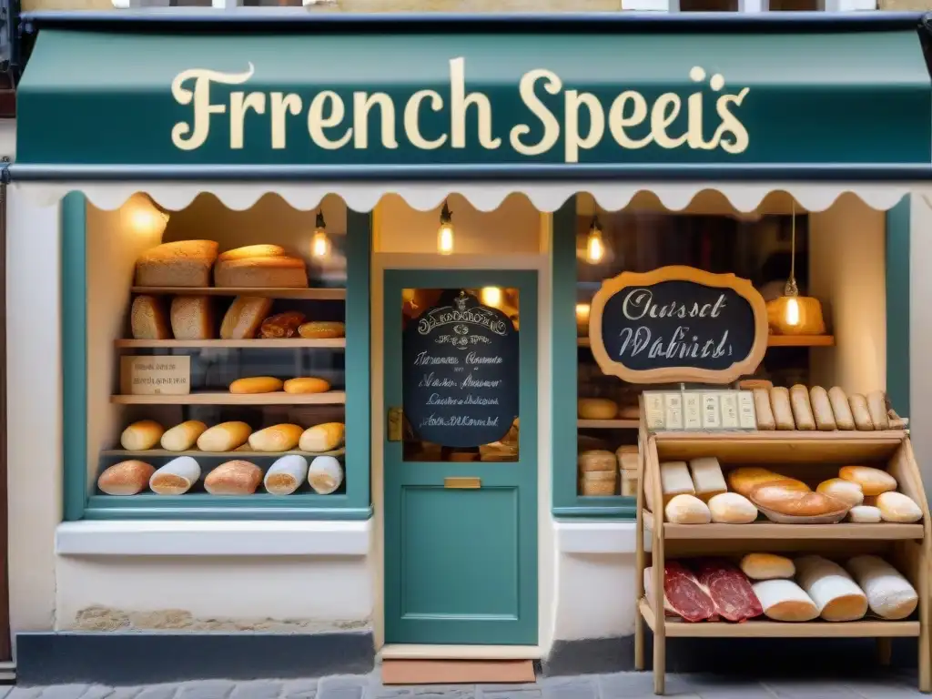 Una tienda delicatessen francesa tradicional con encanto, repleta de productos gourmet y decoración vintage, iluminando la calle empedrada