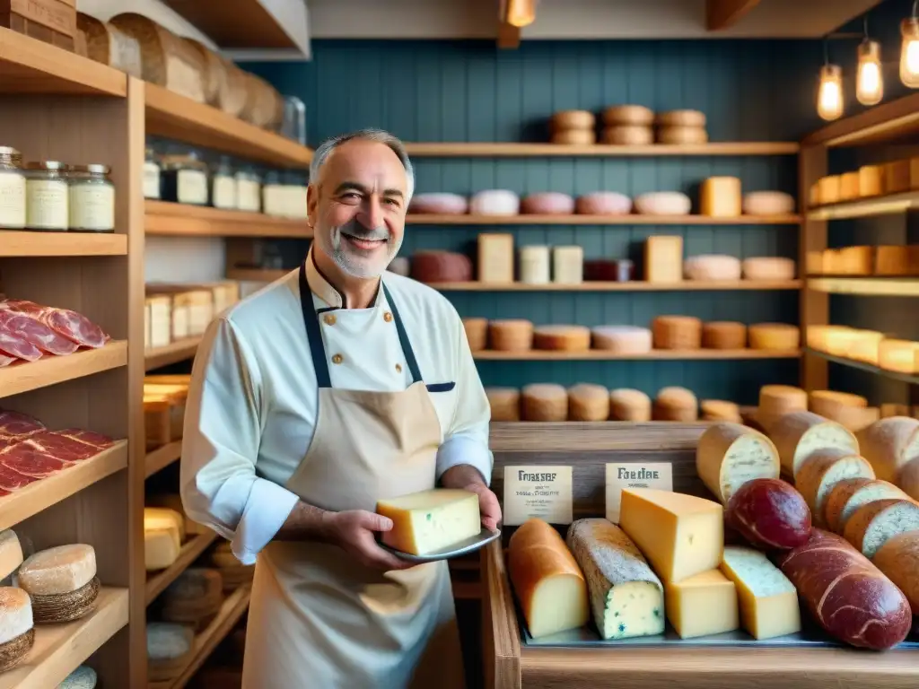 Una tienda delicatessen francesa tradicional llena de encanto rústico, con quesos, embutidos y productos gourmet en estantes de madera