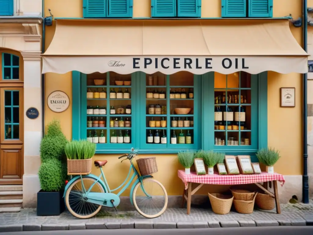 Una tienda de gastronomía francesa con encanto, mostrando aceites y vinagres artesanales en un pintoresco pueblo