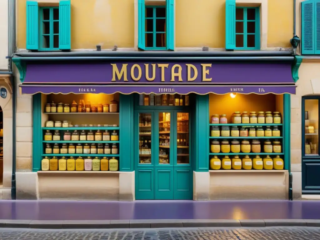 Una tienda de mostaza tradicional en Dijon, Francia, exhibe tarros artesanales de mostaza con sabores innovadores