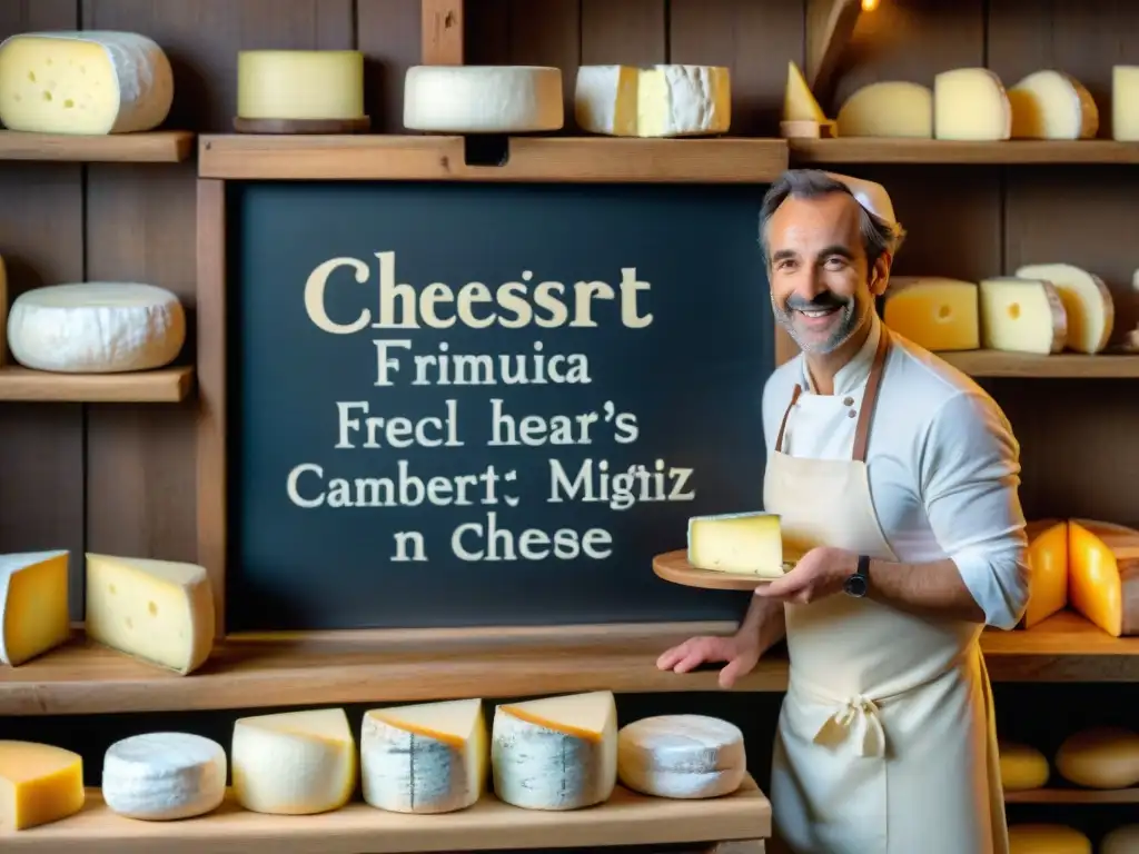 Una tienda de queso francesa tradicional en París, con ruedas de Camembert en estantes de madera y un quesero ayudando a un cliente