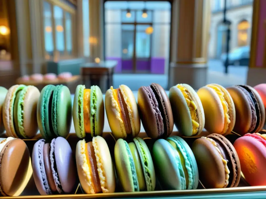 Una tienda de repostería francesa en París con variedades de macarons únicas en elegante decoración vintage