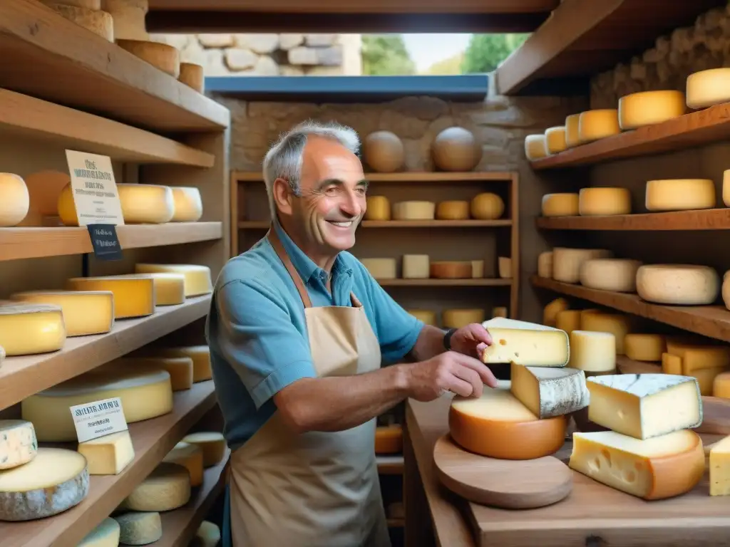 Una tienda en Francia con ruedas de Queso de Cabra Pélardon auténtico en estantes de madera, el dueño envuelve queso para cliente