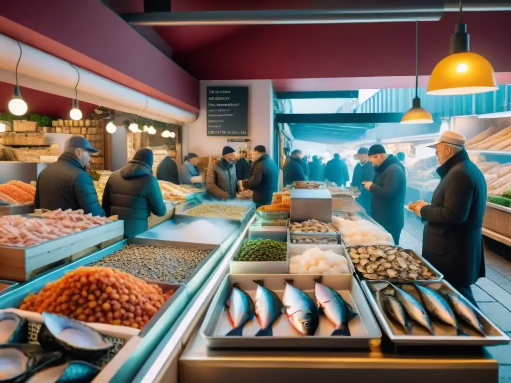 Tiendas especializadas gastronomía Francia: Mercado bullicioso con puestos de mariscos frescos y clientes curiosos