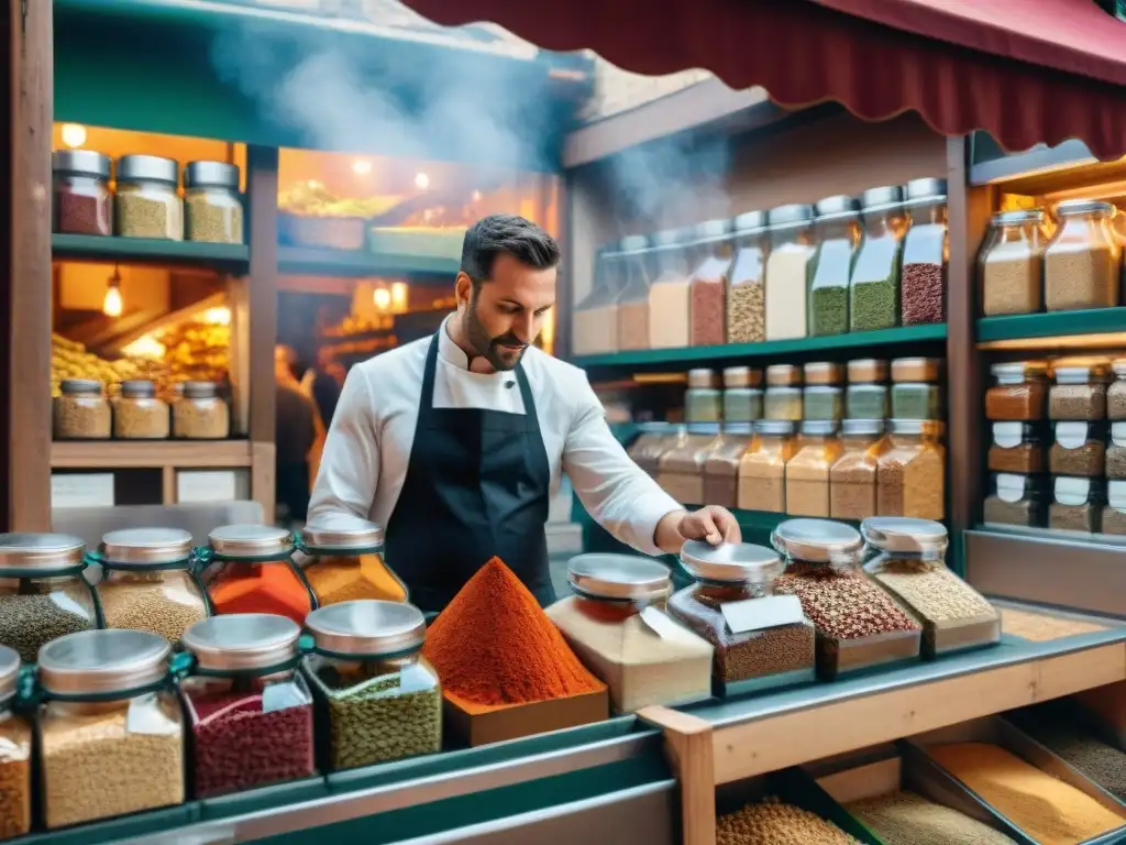 Tiendas de especias en Francia: Un bullicioso mercado de especias con vibrantes exhibiciones de coloridas especias y expertos comerciantes