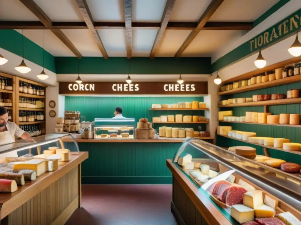 Explorando tiendas delicatessen francesas tradicionales con queso, embutidos y conservas en un ambiente auténtico