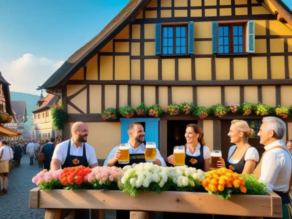 Una típica casa alsaciana con flores vibrantes y lugareños en la Fiesta de la Cerveza Alsacia Francia