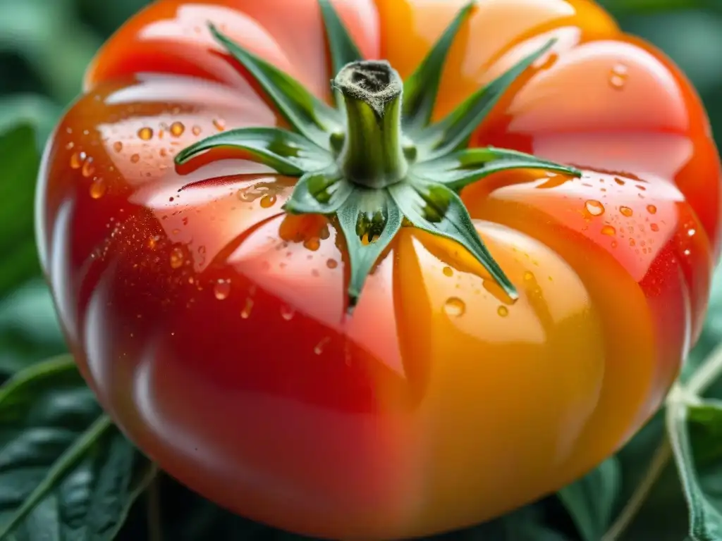 Tomate hermoso de la gastronomía francesa, con gotas de rocío, en un jardín verde exuberante