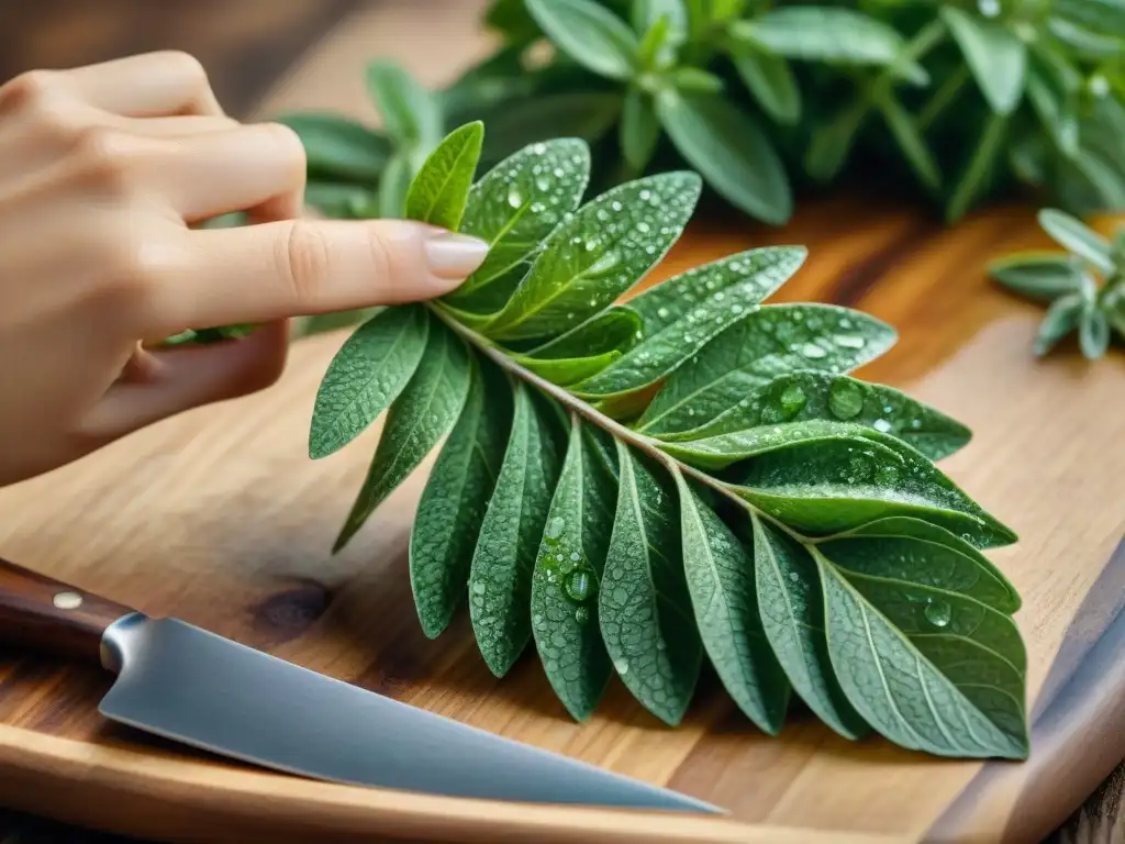 Tomillo francés en recetas tradicionales: Detalle de hojas frescas con rocío sobre tabla de madera y mortero vintage