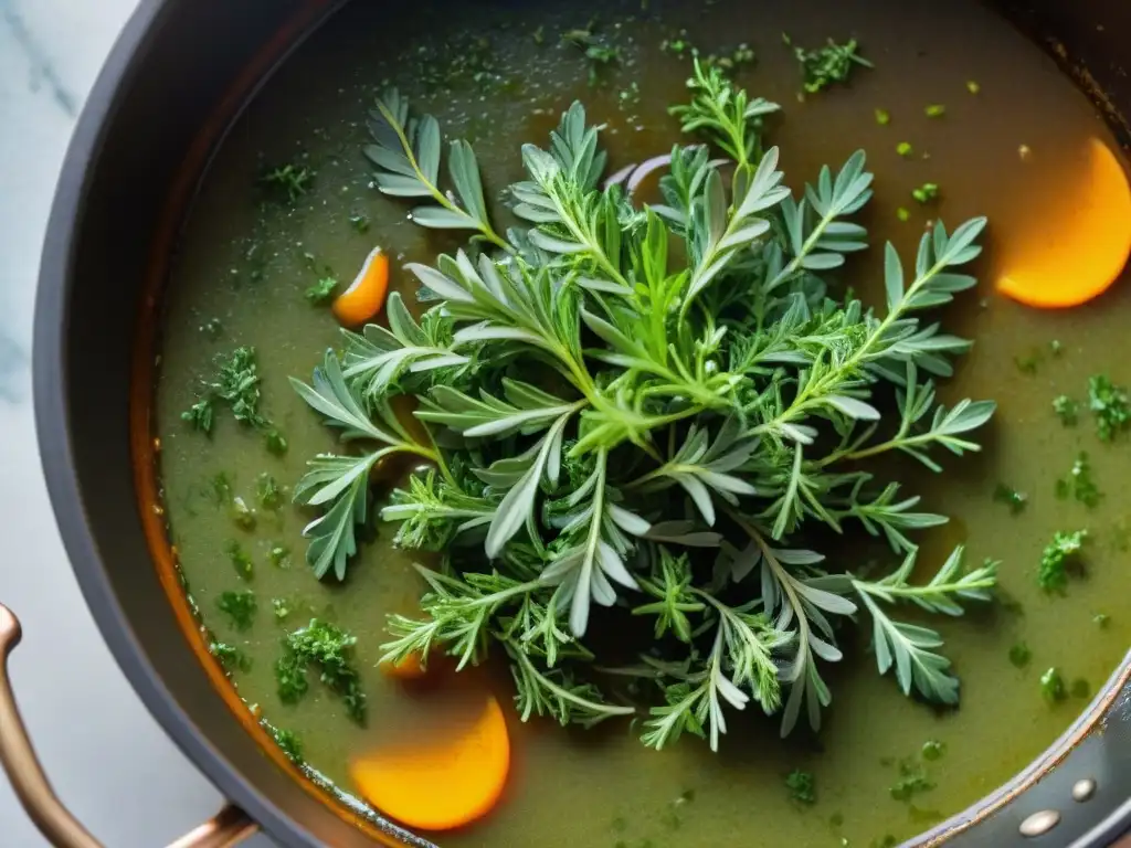 Tomillo francés en recetas tradicionales: Detalle de hojas frescas sobre una olla de guiso francés aromático