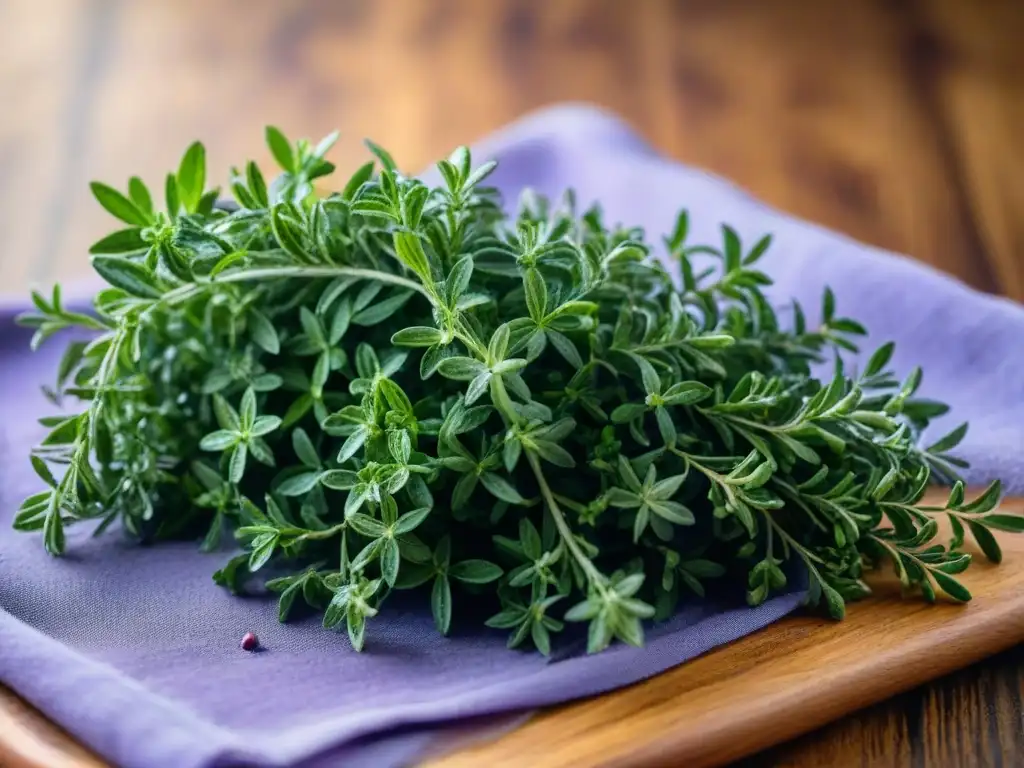 Tomillo francés en recetas tradicionales: Detalle de hojas frescas de tomillo entre flores moradas, brillando con rocío bajo la luz matutina