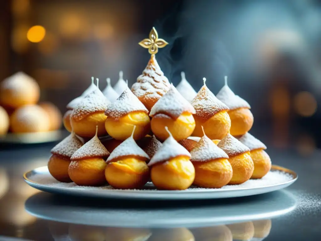 Una torre de Croquembouche adornada con azúcar caramelizado y brillante, en una pastelería francesa