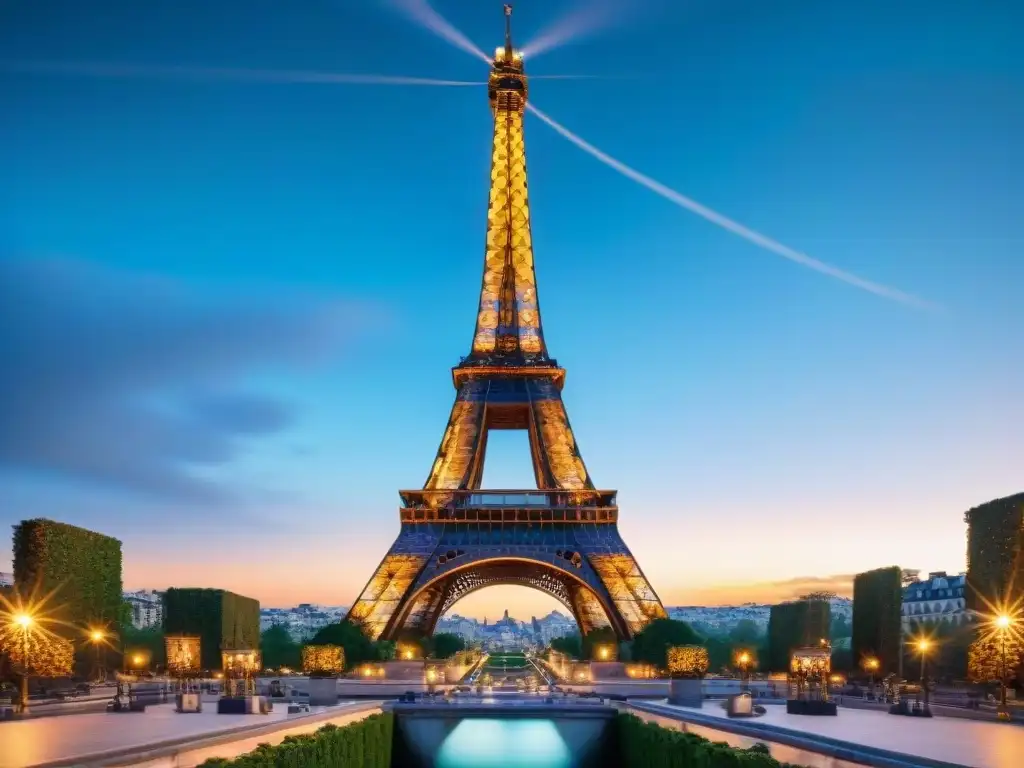 La Torre Eiffel iluminada al anochecer, destacando la atmósfera romántica de París