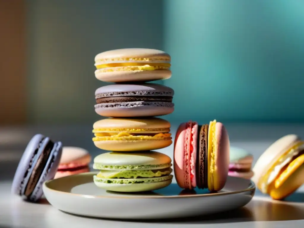 Una torre de macarons elegante y delicada en tonos pastel, resaltando su precisión y arte