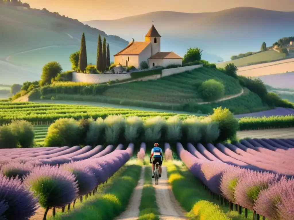 Tour en bicicleta por la gastronomía francesa: ciclistas en vintage recorren viñedos y campos de lavanda al atardecer