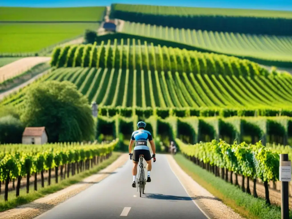 Un tour bodegas gastronomía francesa: viñedos verdes, cielo azul y ciclistas explorando