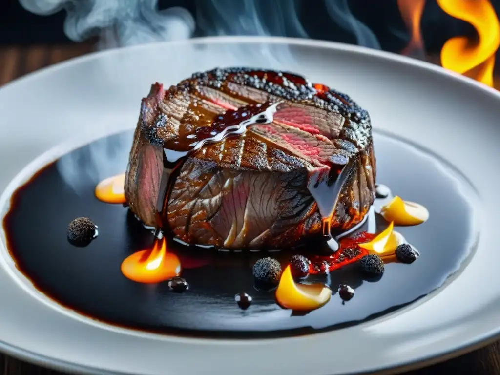 Tournedos Rossini receta fácil: Imagen detallada de un tournedo de carne dorándose en una sartén, con salsa de trufa