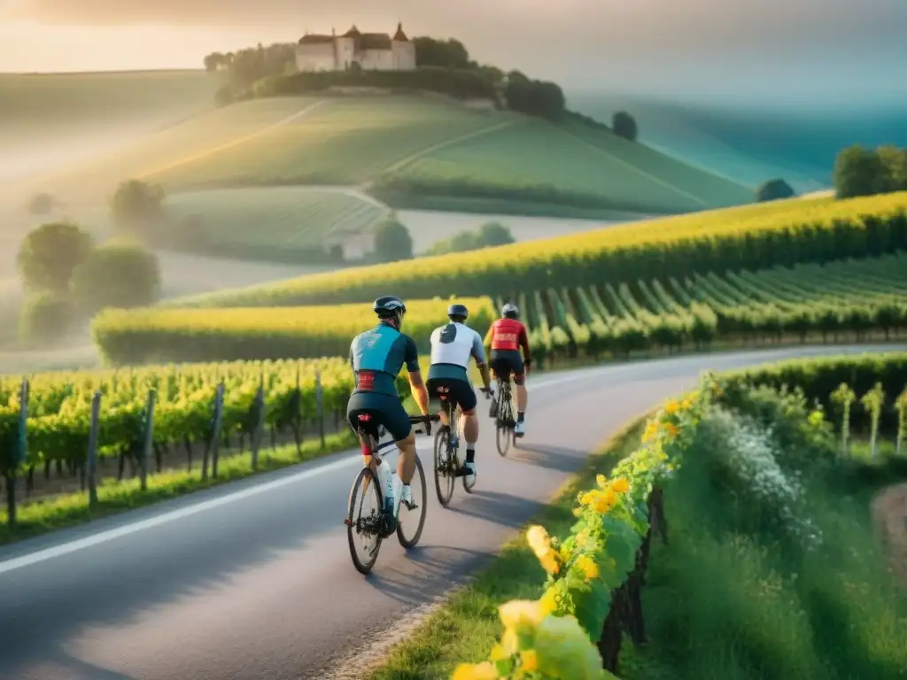 Tours gastronómicos en bicicleta en Francia: ciclistas disfrutan de vinos y quesos locales al atardecer entre viñedos pintorescos