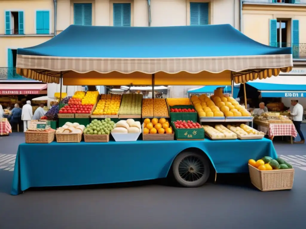 Tours gastronómicos en bicicleta Francia: Mercado francés vibrante con productos frescos y la Torre Eiffel de fondo