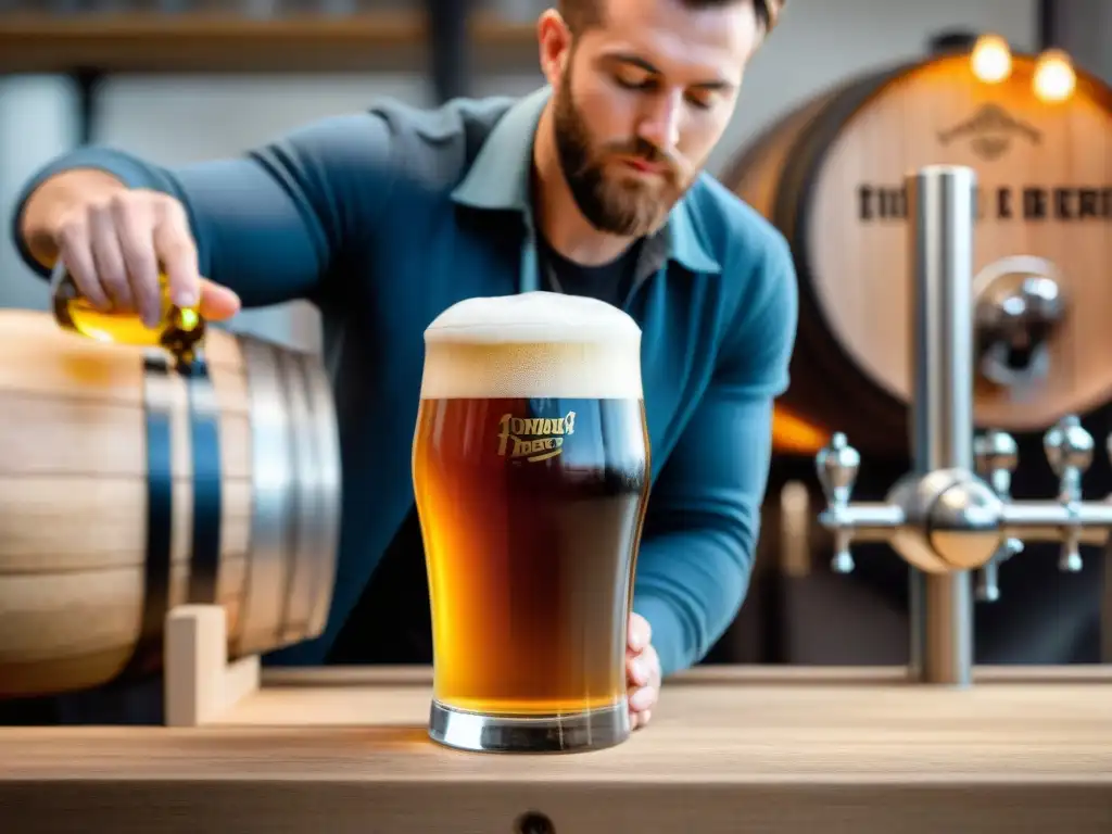 Un trabajador de cervecería francés vierte cuidadosamente una cerveza sin alcohol artesanal en un vaso, resaltando burbujas y barriles de madera