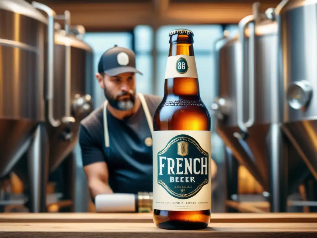 Un trabajador de cervecería francés etiquetando una botella de cerveza artesanal innovadora