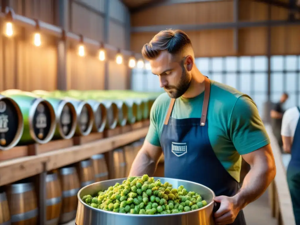 Trabajador de cervecería francés inspeccionando lúpulos frescos, fusionando tradición y modernidad en la influencia internacional cervezas artesanales francesas