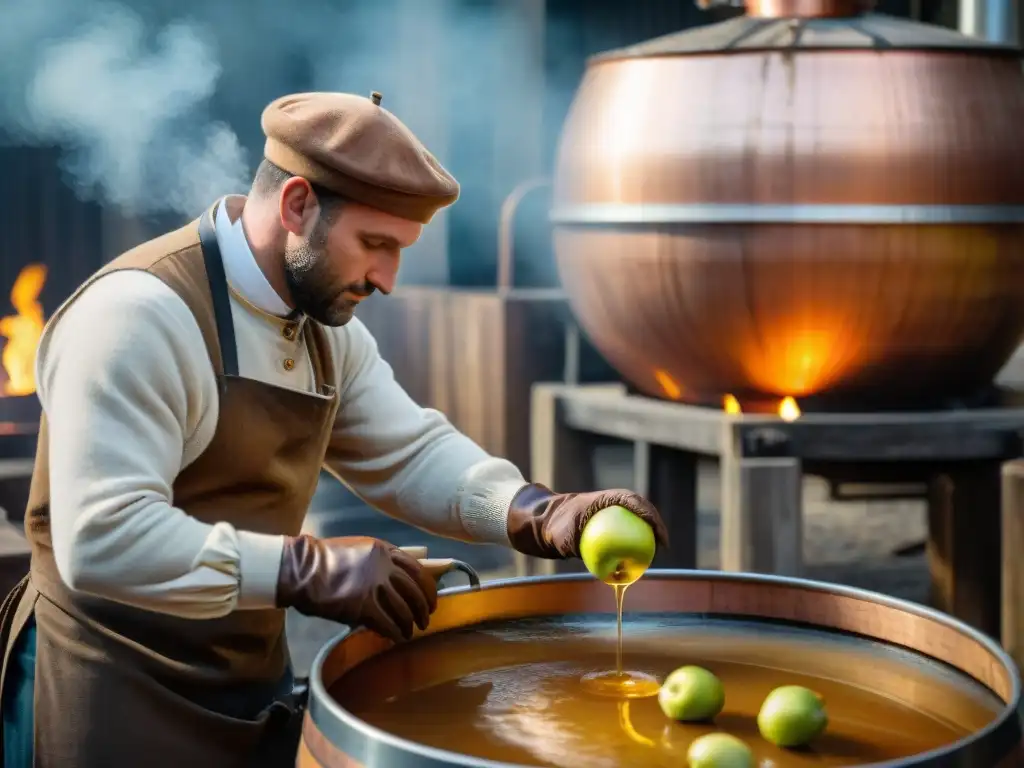 Un trabajador de destilería en Normandía vierte jugo de manzana recién exprimido en un alambique de cobre, rodeado de barriles de madera y cajas de manzanas maduras