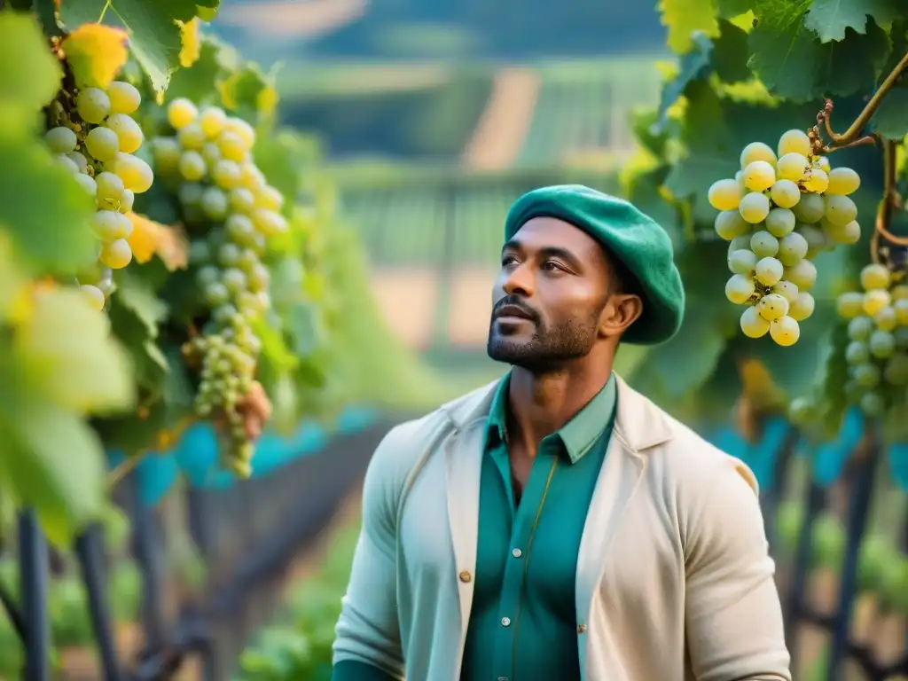 Trabajador de viñedos de champagne inspeccionando con cuidado, destacando la sostenibilidad en la producción de Champagne