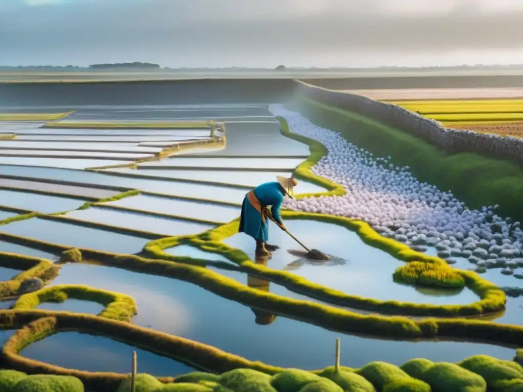 Trabajadores cosechando Sal de Guérande en la gastronomía entre salinas y muros de piedra en Francia