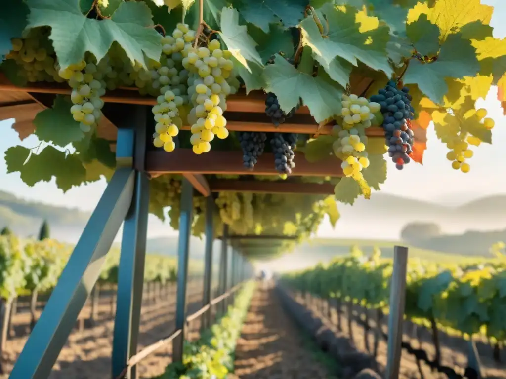 Trabajadores cosechando uvas en una bodega francesa durante la vendimia, bajo el sol de otoño